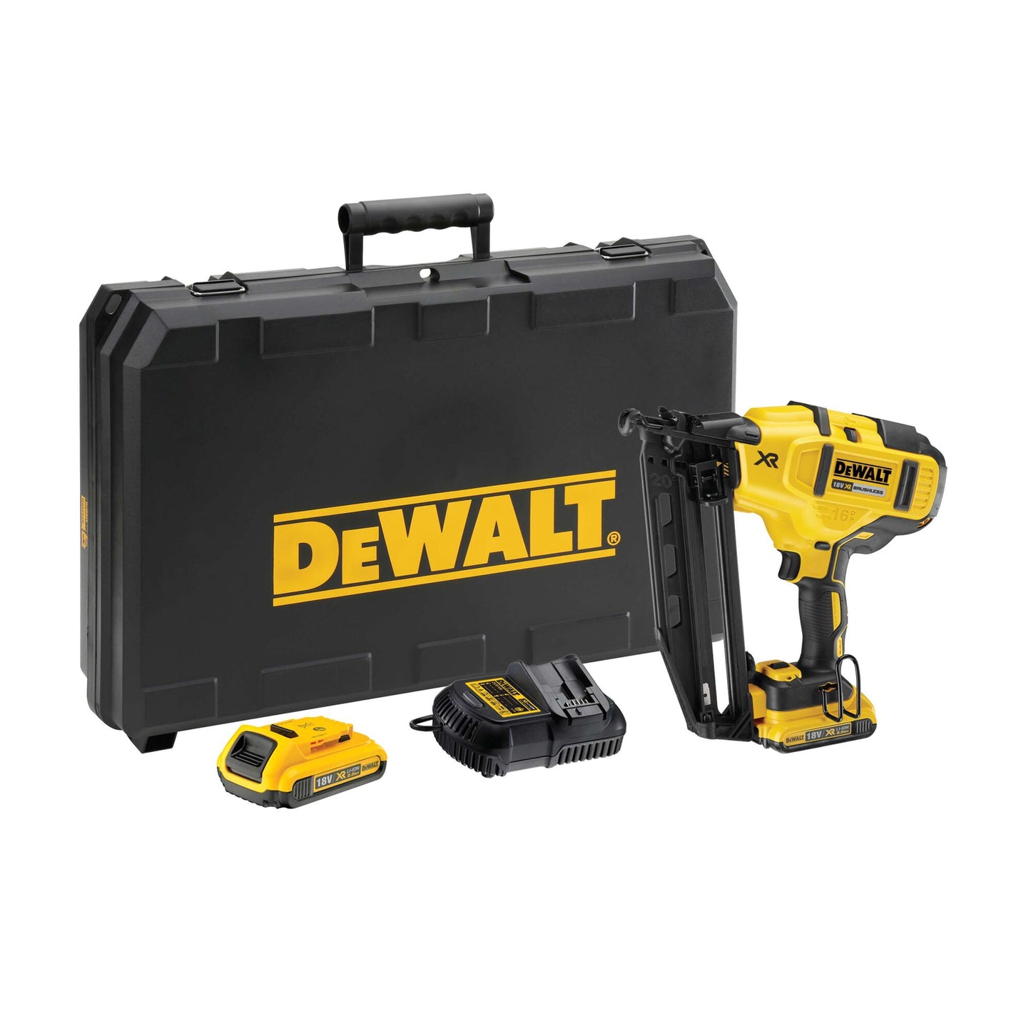 DEWALT 18V XR Brushless 16G Angled Second Fix Nailer - 2 x 2.0Ah Batteries