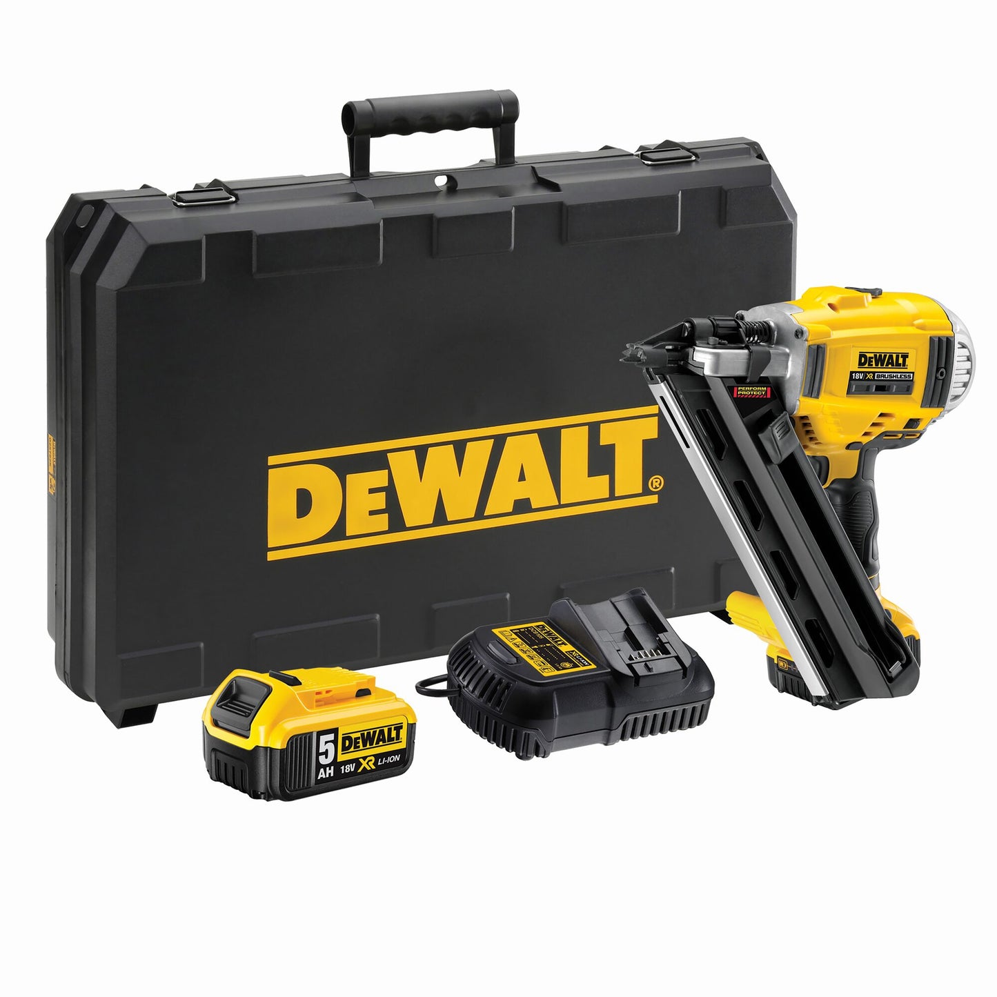 DeWalt DCN692P2-GB 18V XR Cordless li-Ion Brushless 34° Framing Strip Nailer (50-90mm) + 2x 5.0Ah Batteries