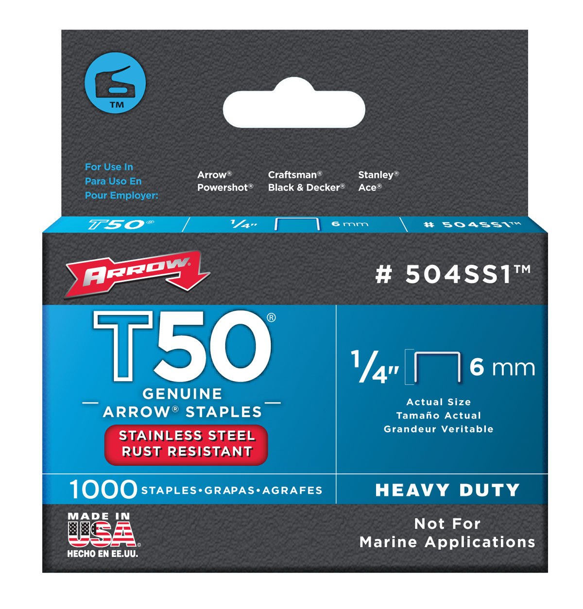 Arrow T50 (140 Series) 6mm Stainless Steel Staples - A504SS1