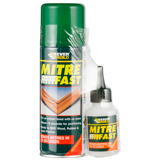 Mitre Fast Bonding Kit is a two-part instant adhesive system comprising a cyanoacrylate adhesive and aerosol activator.